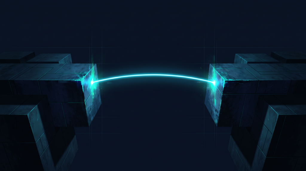 Two dark blocks joined by a single thin bridge of light